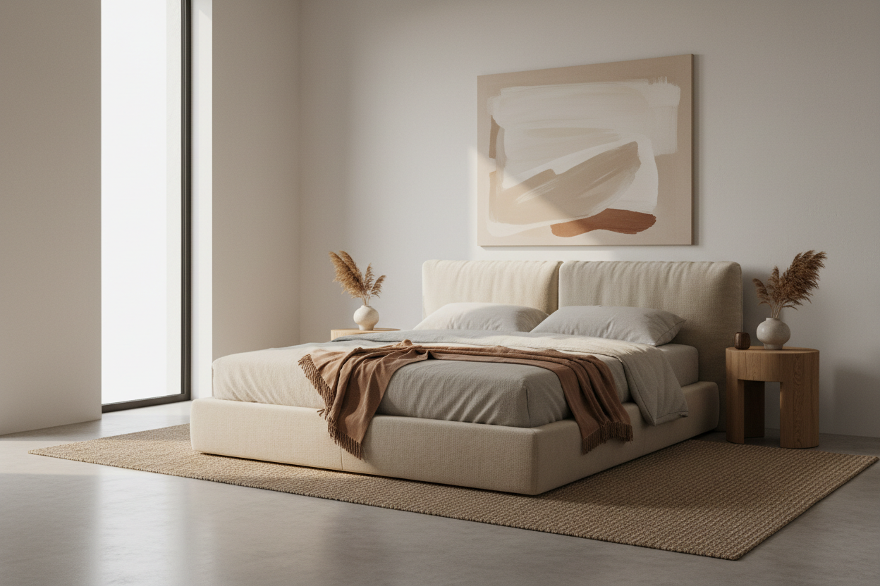Minimal modern bedroom interior, upholstered beige bed shown in slight side angle, soft warm daylight, calm and airy atmosphere, subtle shadows, neutral earthy tones, editorial furniture photography, photorealistic