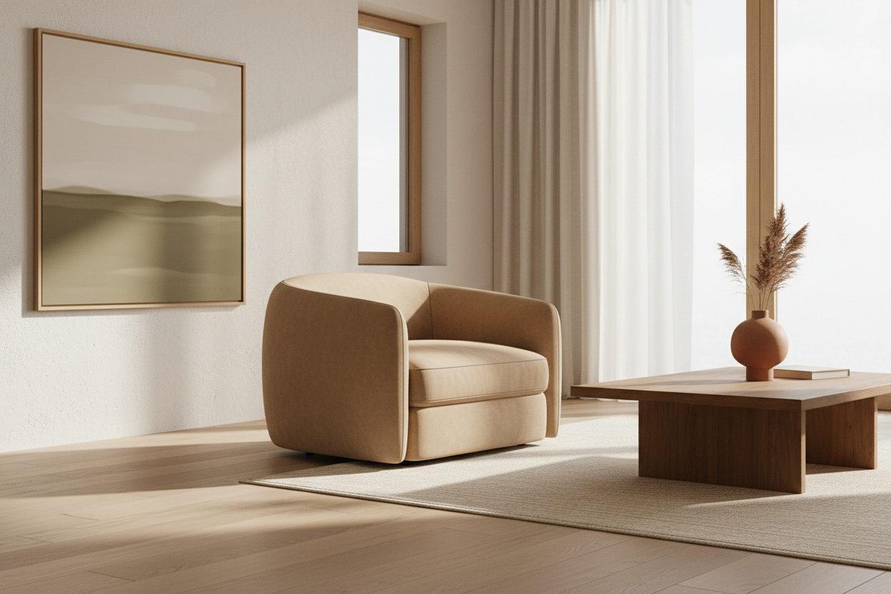 Minimal modern living space with an upholstered armchair, earthy neutral palette, wooden floor, soft natural light, understated premium atmosphere, clean lines, editorial interior photography, photorealistic
