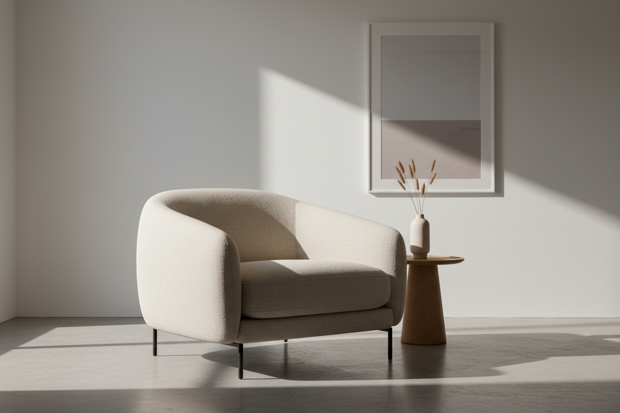Modern interior setting, single upholstered beige armchair shown closer with more volume, soft warm light, minimalist background, subtle shadows, neutral tones, editorial furniture photography, photorealistic