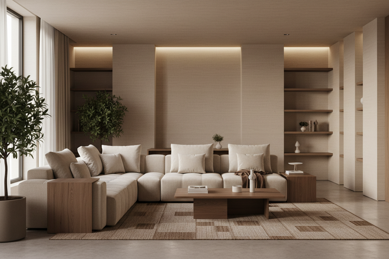 Modern living room interior in warm beige and brown tones, modular fabric sofa with soft cushions, natural wood furniture, calm minimalist atmosphere, textured walls, soft daylight from the side, clean architectural space, editorial interior photography, eye-level camera, photorealistic