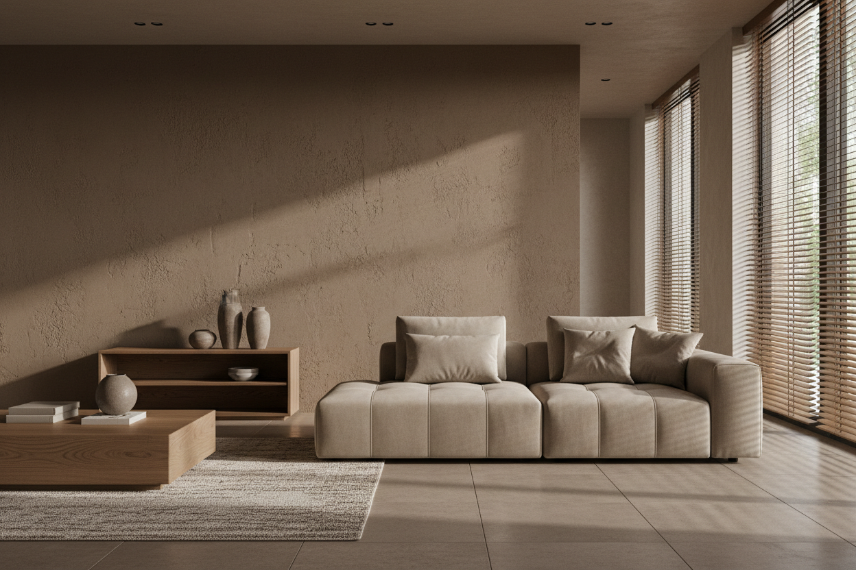 Modern living room interior in warm brown and earthy tones, premium beige modular sofa centered in the frame, minimalist contemporary design, calm and understated atmosphere, textured brown plaster wall, soft natural side light through wooden blinds, oak furniture with visible wood grain, clean architectural space, editorial furniture photography, eye-level camera, generous negative space above the sofa, photorealistic