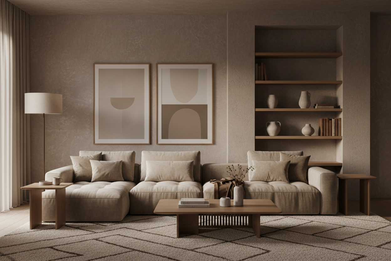 Modern living room interior in warm brown and neutral tones, large modular beige fabric sofa shown frontally, centered composition, calm minimalist atmosphere, soft natural side light, textured plaster wall, oak wood accents, editorial furniture photography, eye-level camera, photorealistic