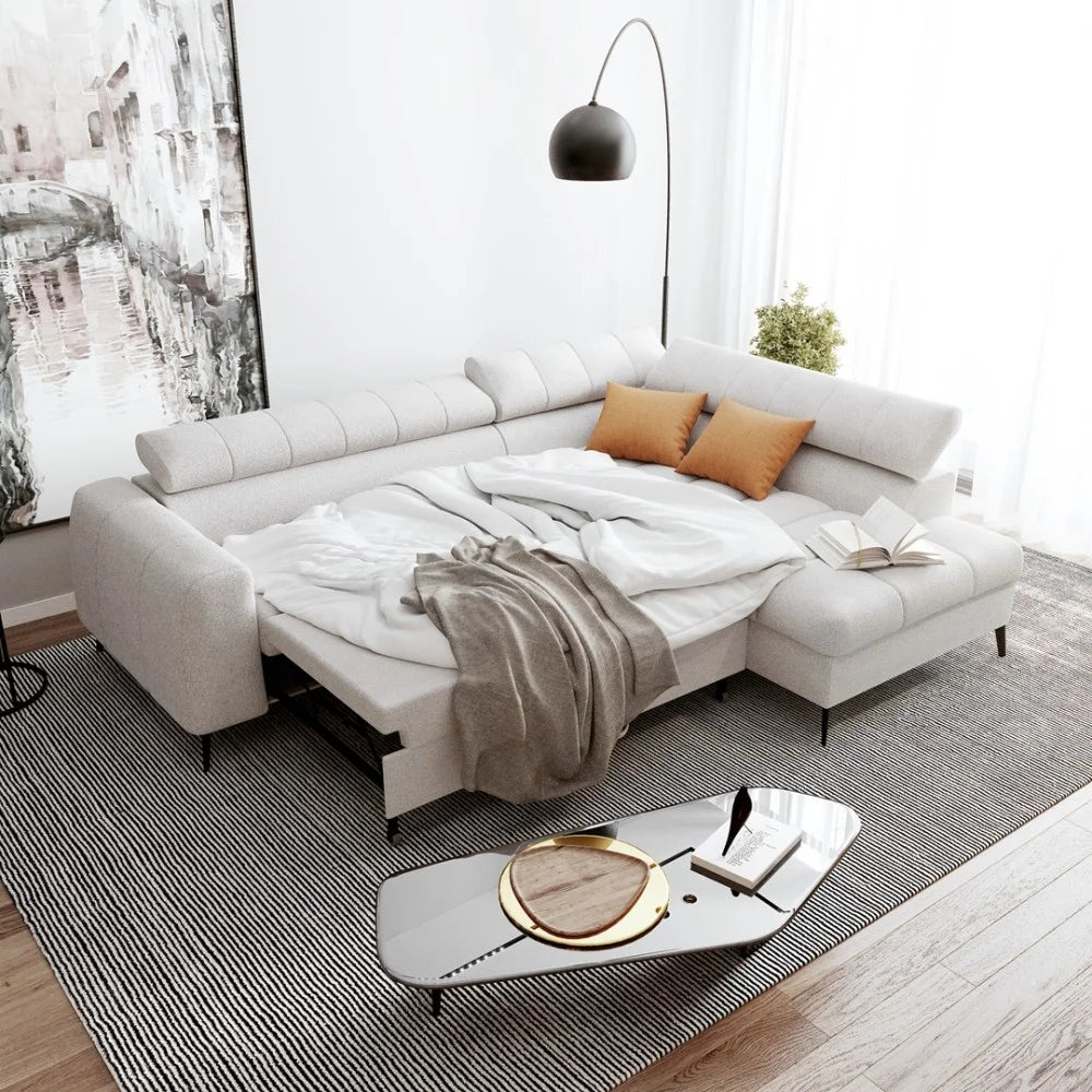 Vincent Ecksofa in L Form aus Strukturstoff mit Schlaffunktion und Bettkasten