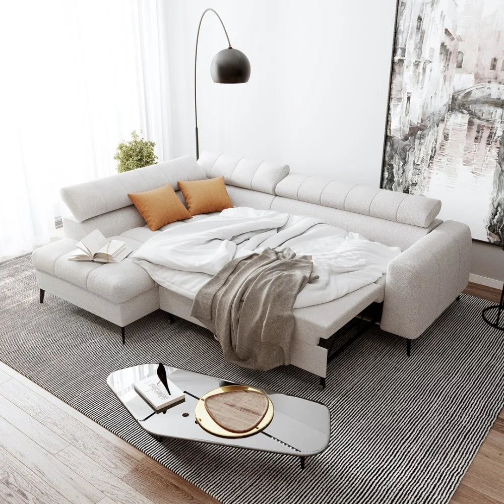 Vincent Ecksofa in L Form aus Strukturstoff mit Schlaffunktion und Bettkasten