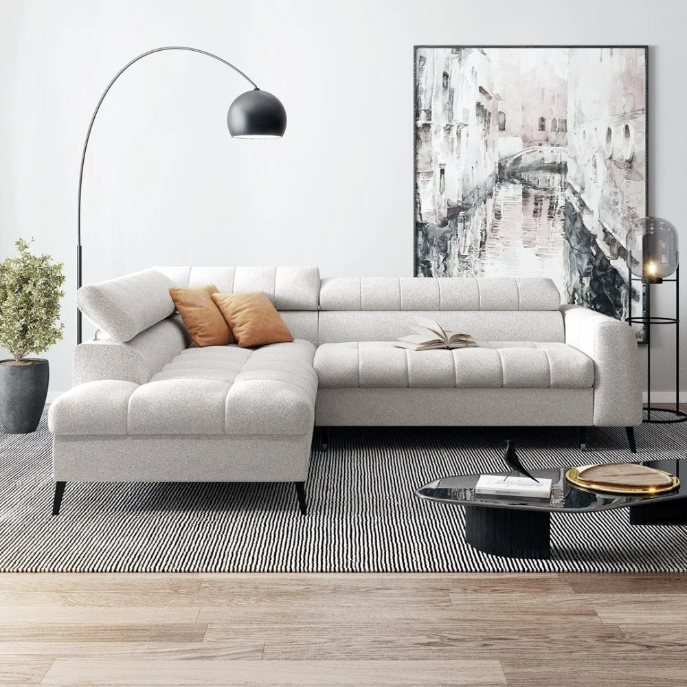 Vincent Ecksofa in L Form aus Strukturstoff mit Schlaffunktion und Bettkasten