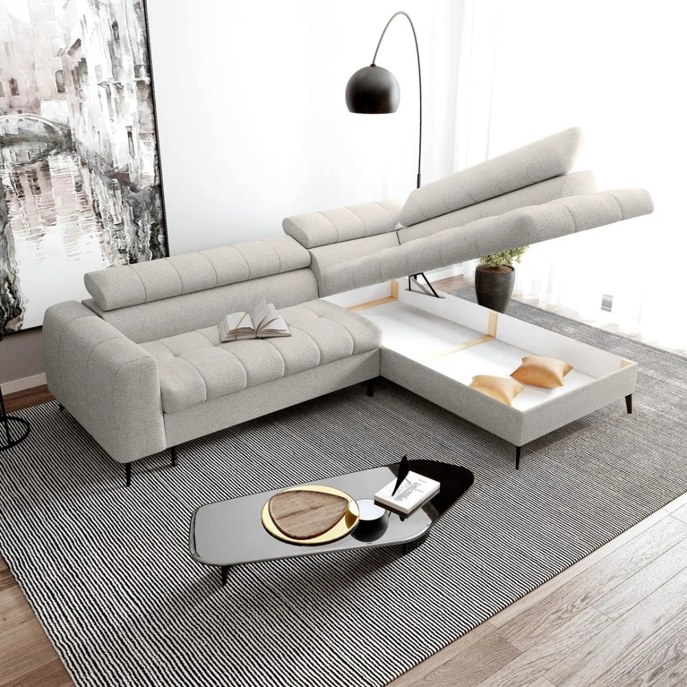 Vincent Ecksofa in L Form aus Strukturstoff mit Schlaffunktion und Bettkasten