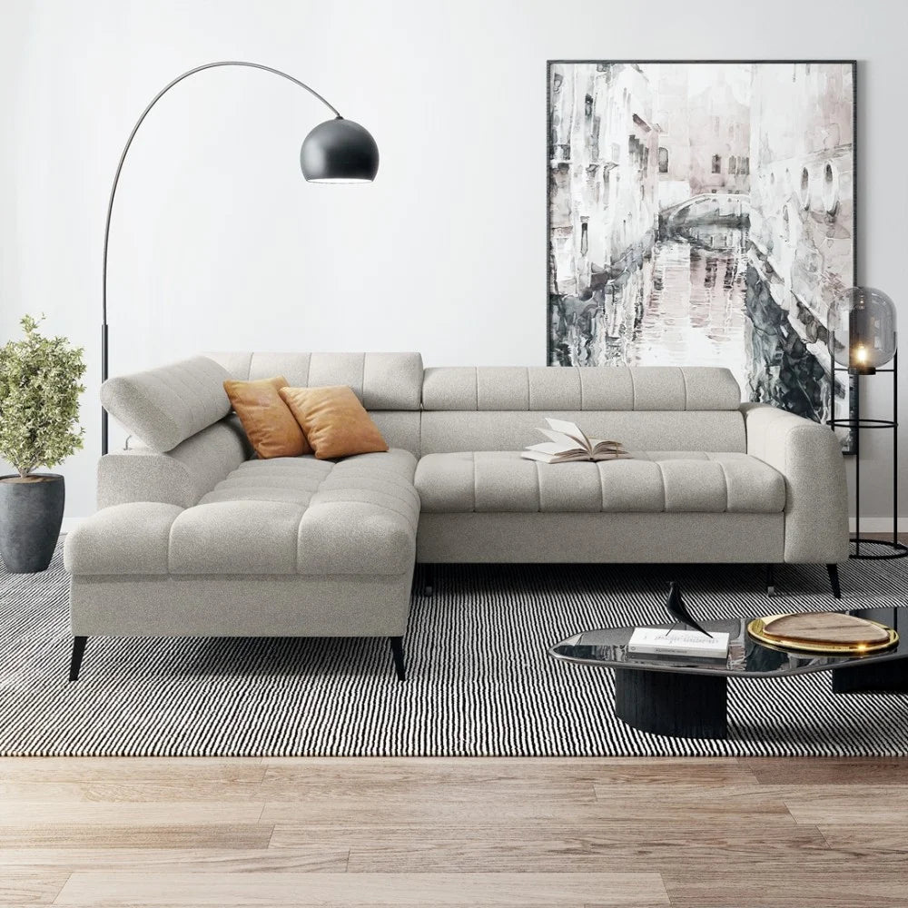 Vincent Ecksofa in L Form aus Strukturstoff mit Schlaffunktion und Bettkasten