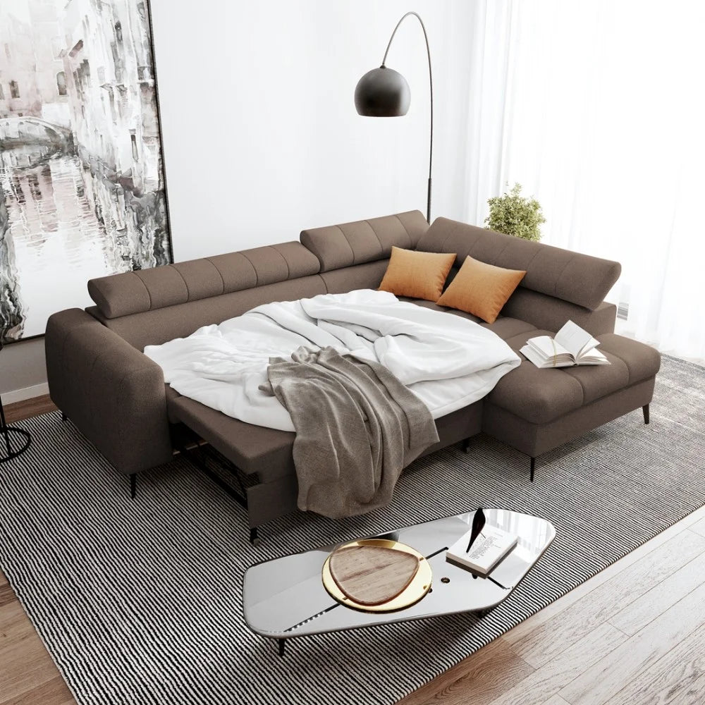 Vincent Ecksofa in L Form aus Strukturstoff mit Schlaffunktion und Bettkasten