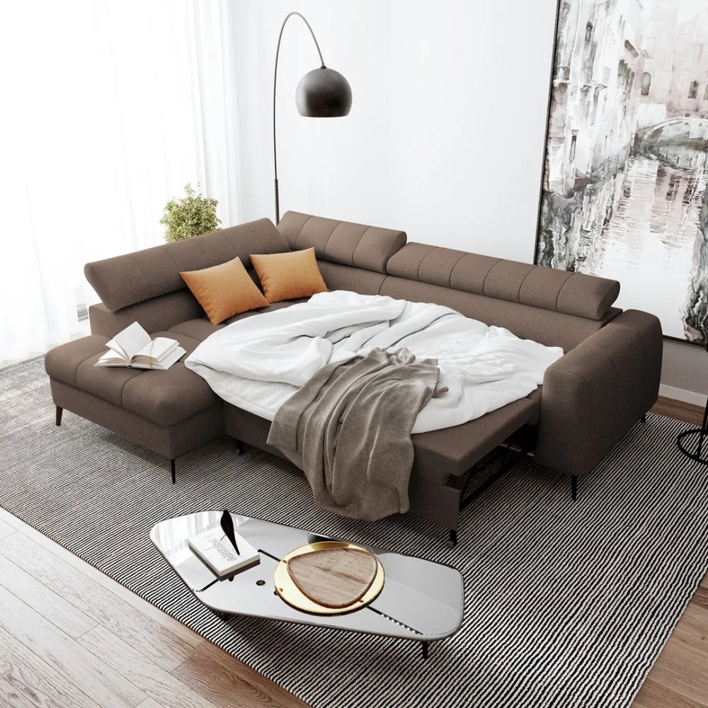Vincent Ecksofa in L Form aus Strukturstoff mit Schlaffunktion und Bettkasten