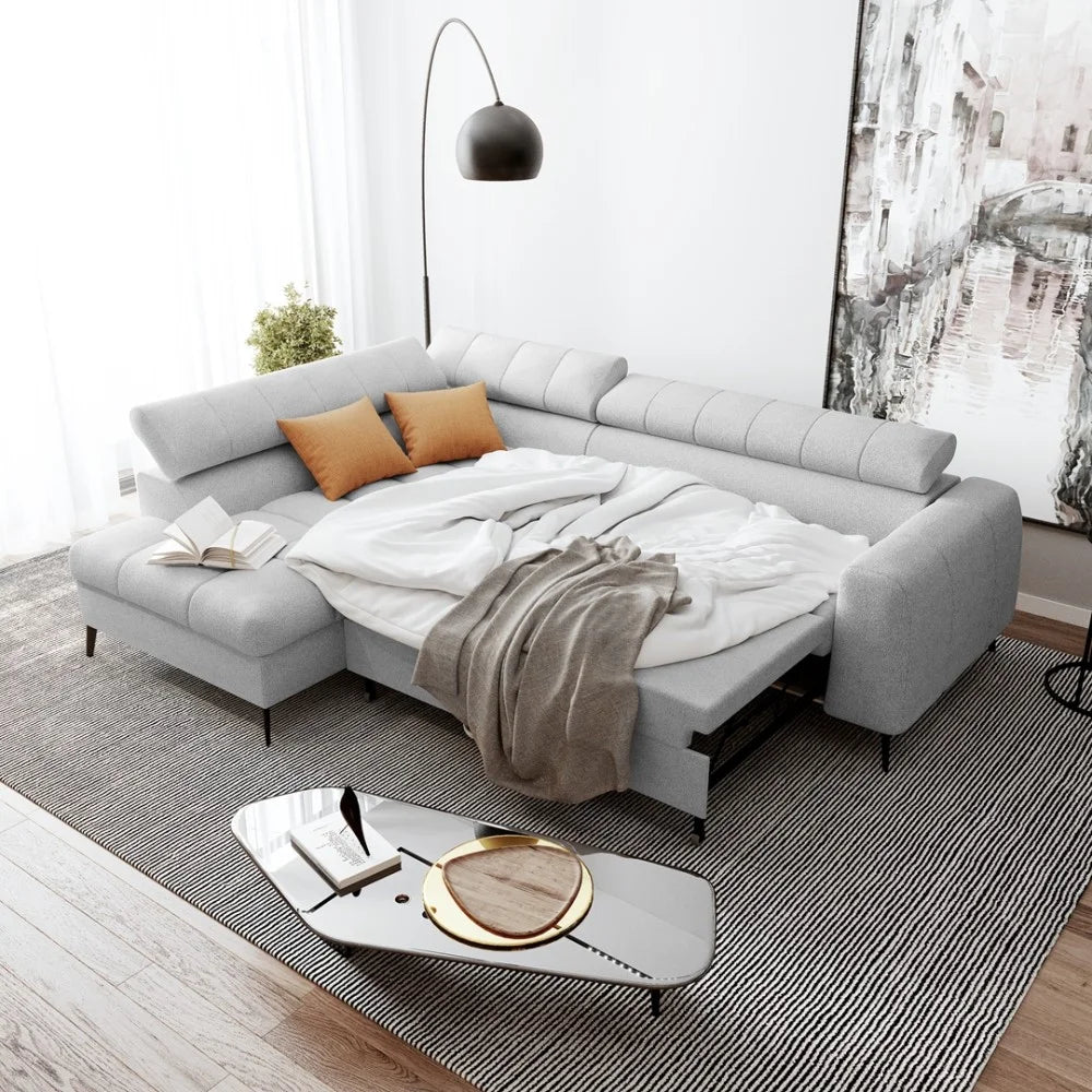 Vincent Ecksofa in L Form aus Strukturstoff mit Schlaffunktion und Bettkasten