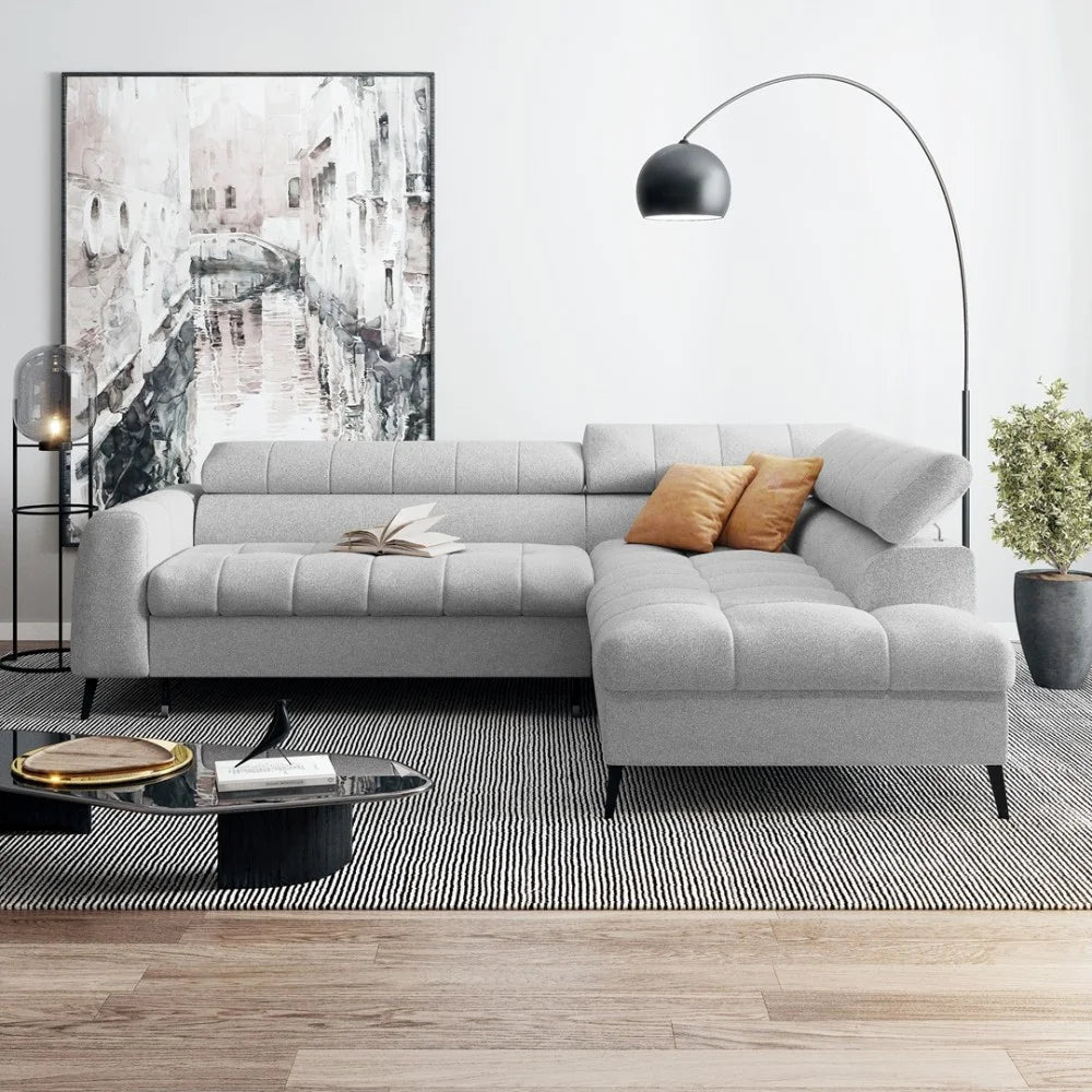 Vincent Ecksofa in L Form aus Strukturstoff mit Schlaffunktion und Bettkasten