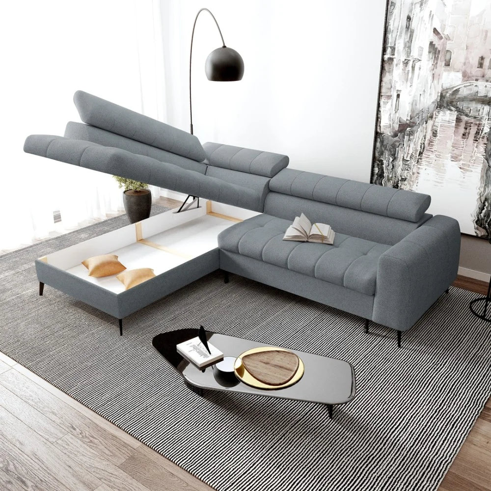 Vincent Ecksofa in L Form aus Strukturstoff mit Schlaffunktion und Bettkasten