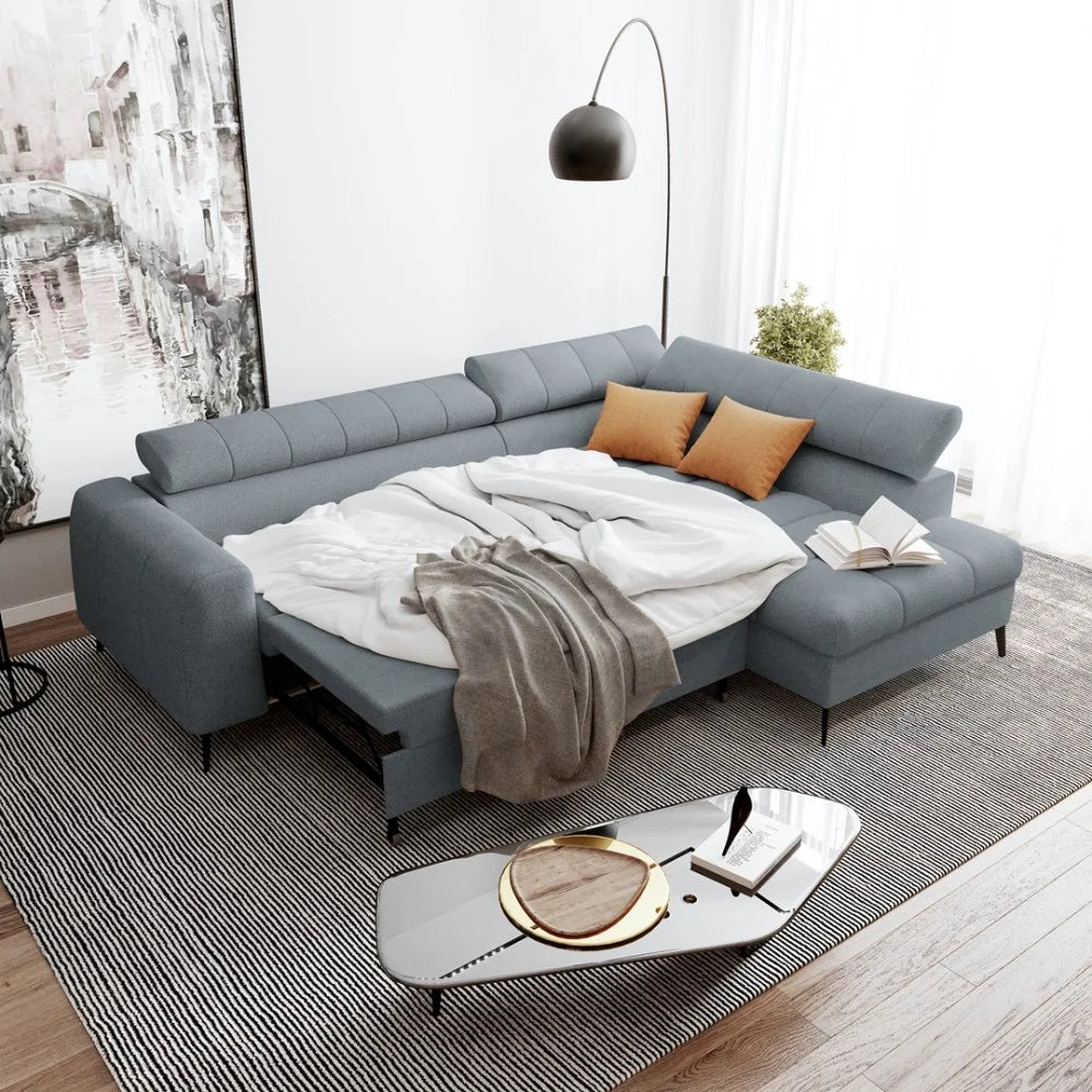 Vincent Ecksofa in L Form aus Strukturstoff mit Schlaffunktion und Bettkasten