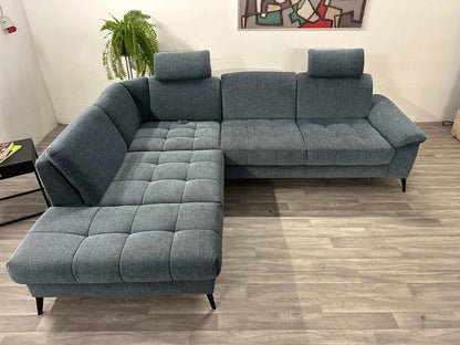Ecksofa L-Form mit Schlaffunktion, Bettkasten + Relaxfunktion in Webstoff Blau