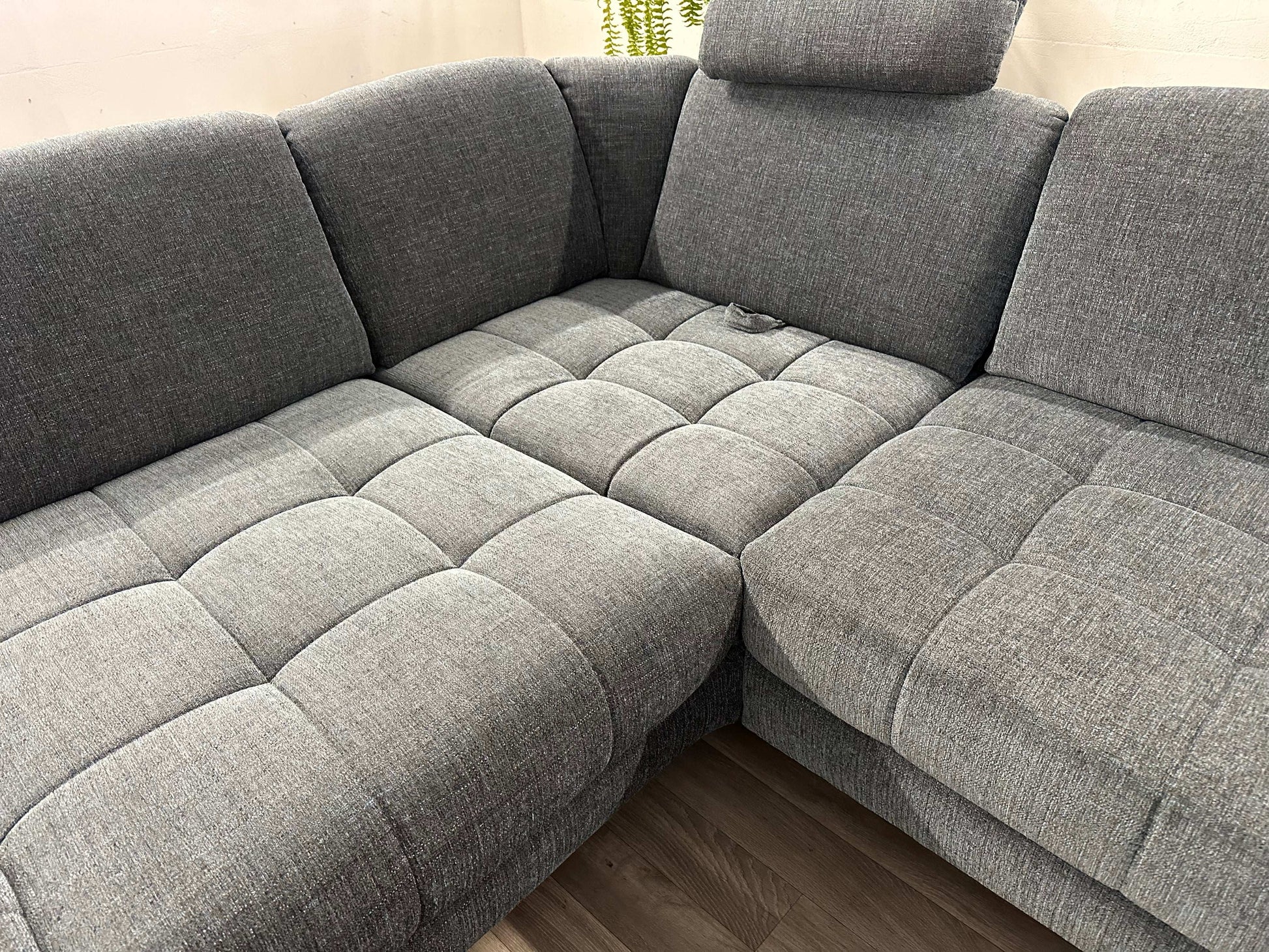 Ecksofa L-Form mit Schlaffunktion, Bettkasten + Relaxfunktion in Webstoff Blau