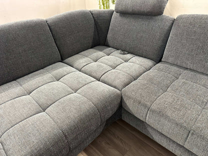 Ecksofa L-Form mit Schlaffunktion, Bettkasten + Relaxfunktion in Webstoff Blau