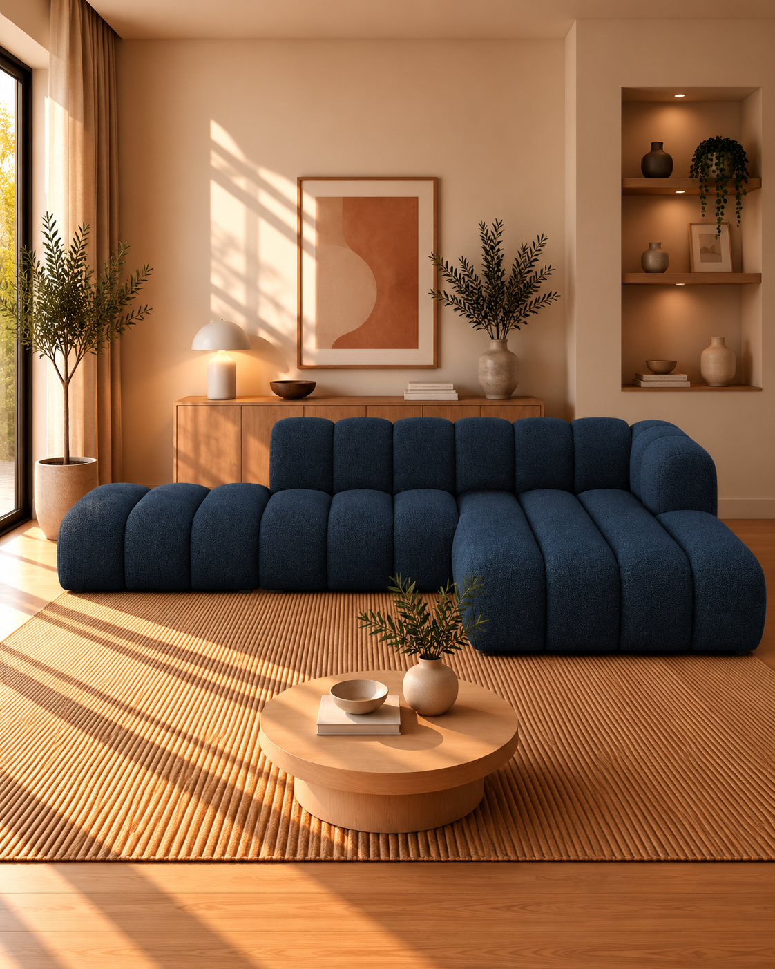 Grandé Modulsofa, offenes Ecksofa aus Bouclé (5-Sitzer), 299 cm