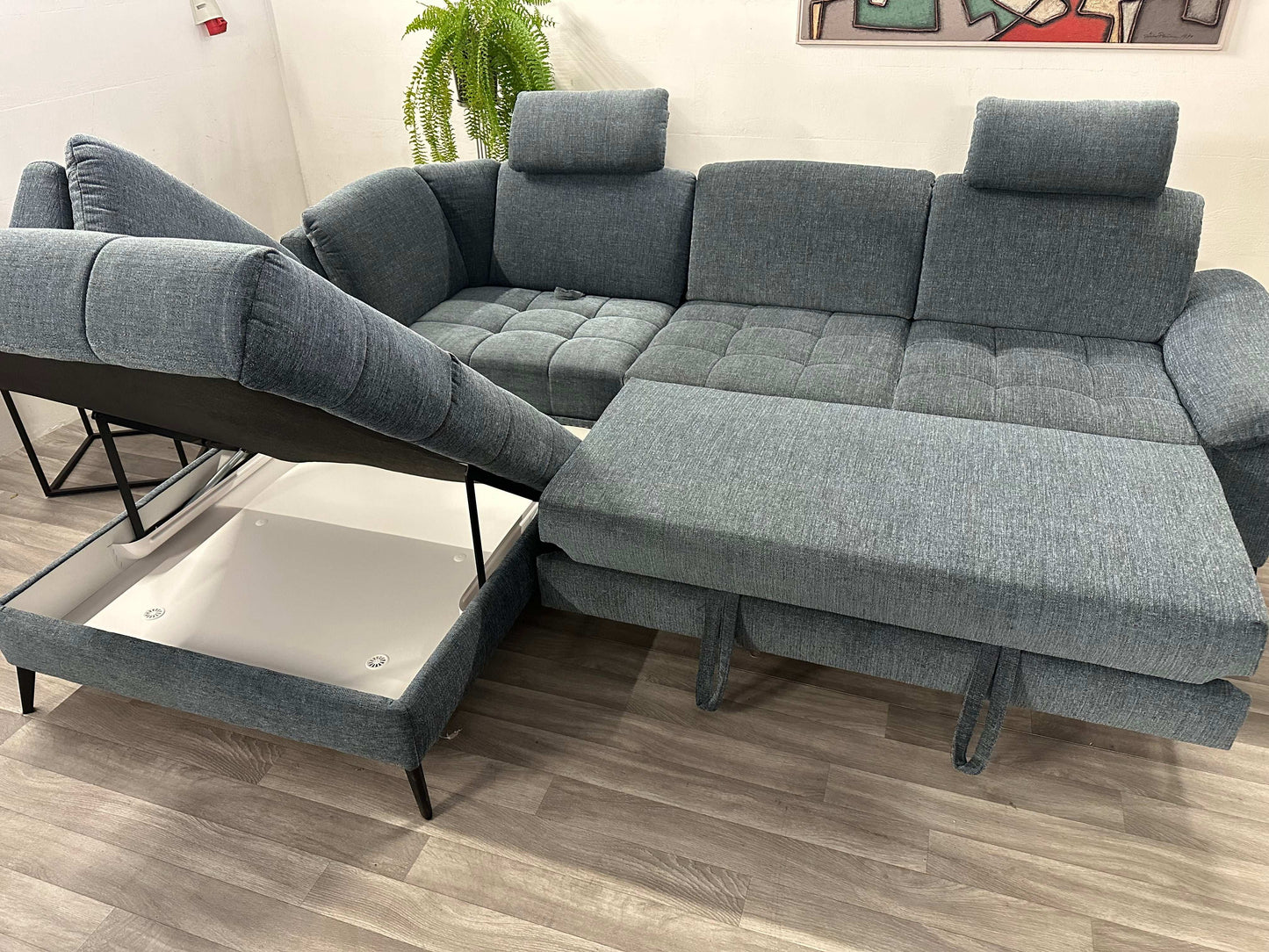 Ecksofa L-Form mit Schlaffunktion, Bettkasten + Relaxfunktion in Webstoff Blau