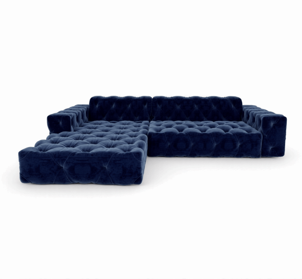 Ecksofa in Samt Blau - Chesterfield, 266 cm Breite | PolsterOase