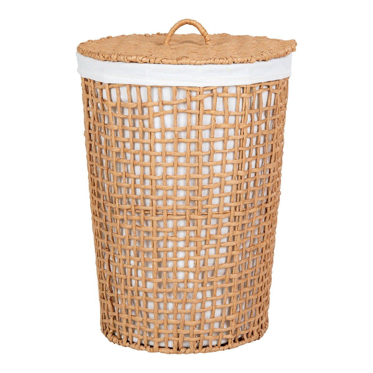 PolsterOase Möbel – Pomal Wäschekorb aus Papier, Metall und Textil, Natur/Weiß, Ø 42 cm