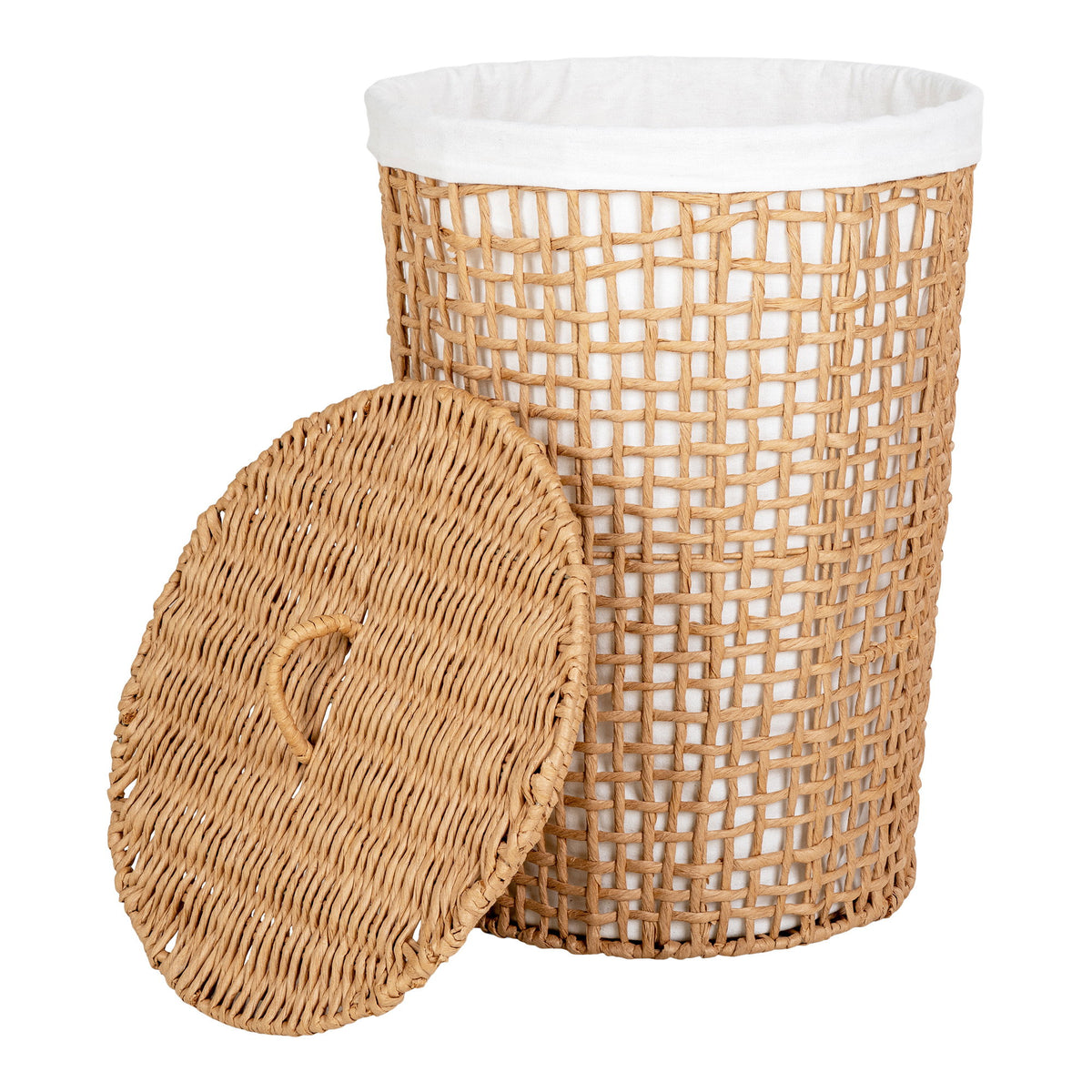 PolsterOase Möbel – Pomal Wäschekorb aus Papier, Metall und Textil, Natur/Weiß, Ø 42 cm – Ansicht 2