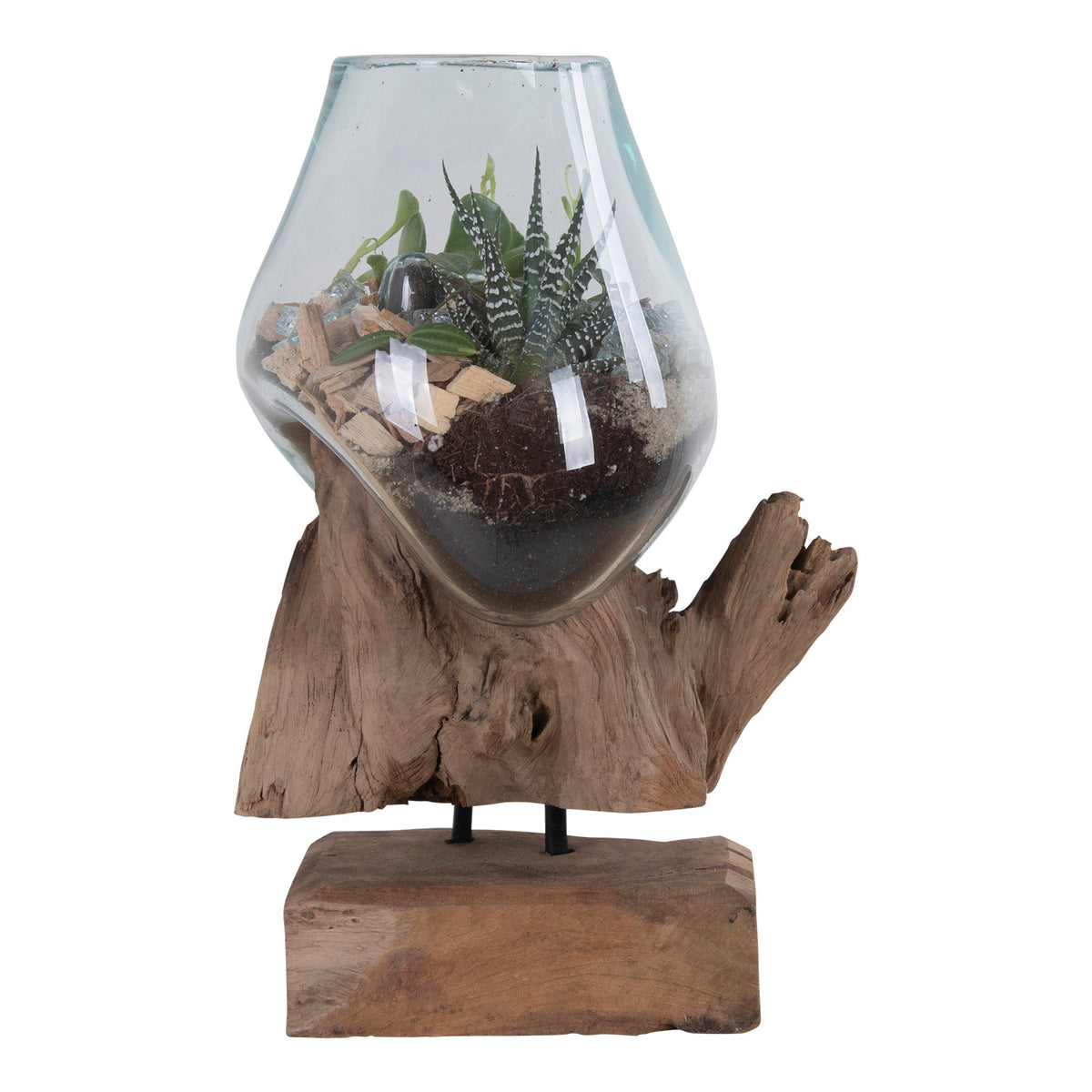 PolsterOase Möbel – San Waterdrop Vase aus Teakholz und Glas, Natur, 25 cm