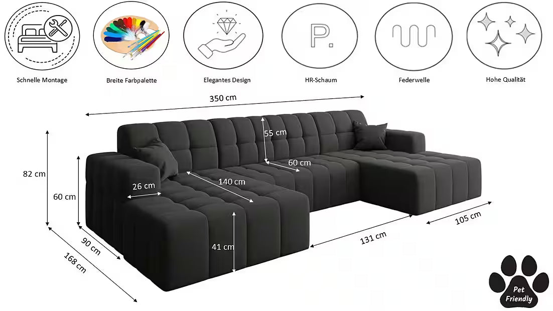 Sofa Wohnlandschaft Nova in Samtvelours, 350 cm Breite