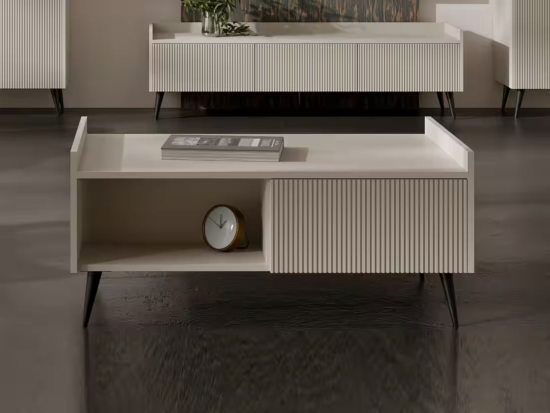AVEN 100 cm – Design Kaffeetisch mit Schublade & Stauraum (Kaschmir/Nussbaum)