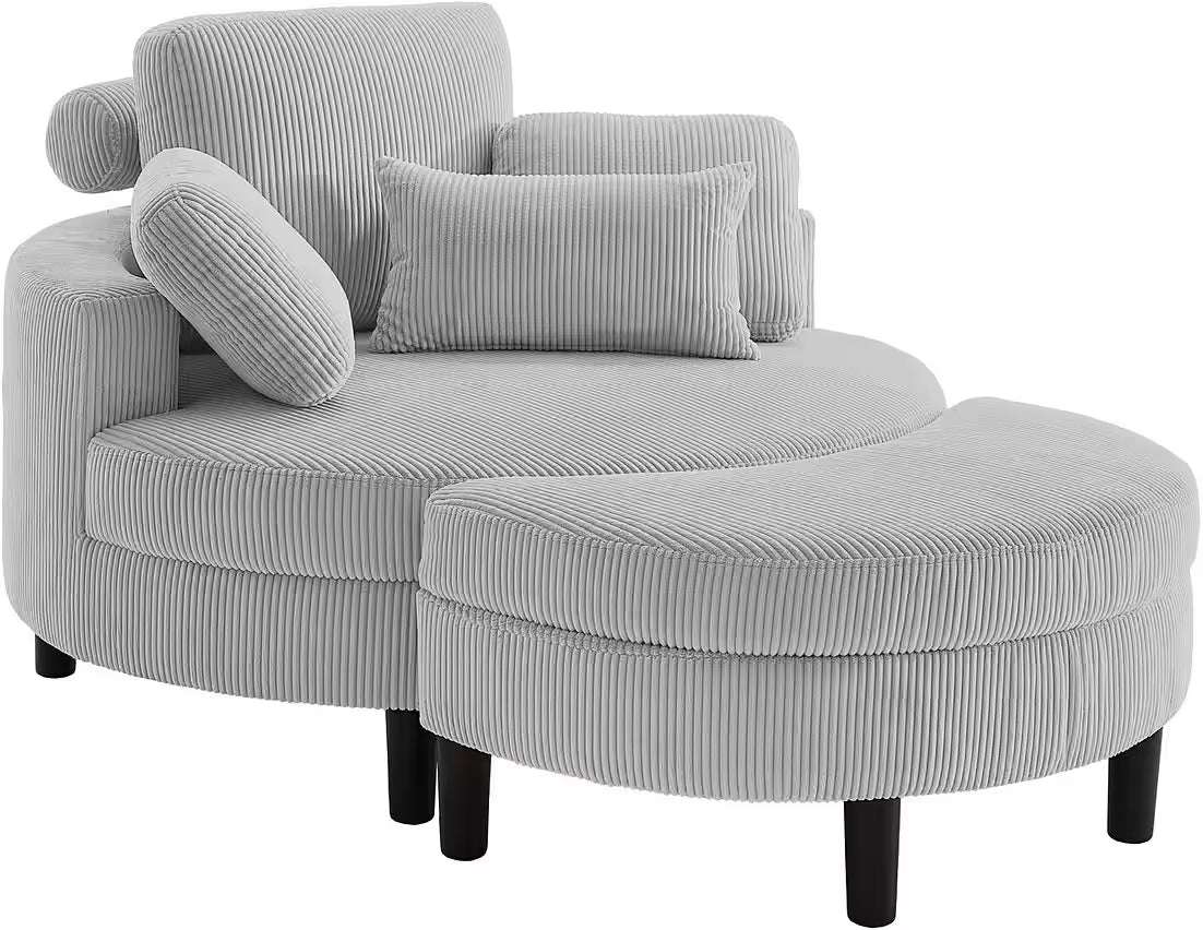 Loveseat / Sessel in Cord Hellgrau mit Stauraumhocker