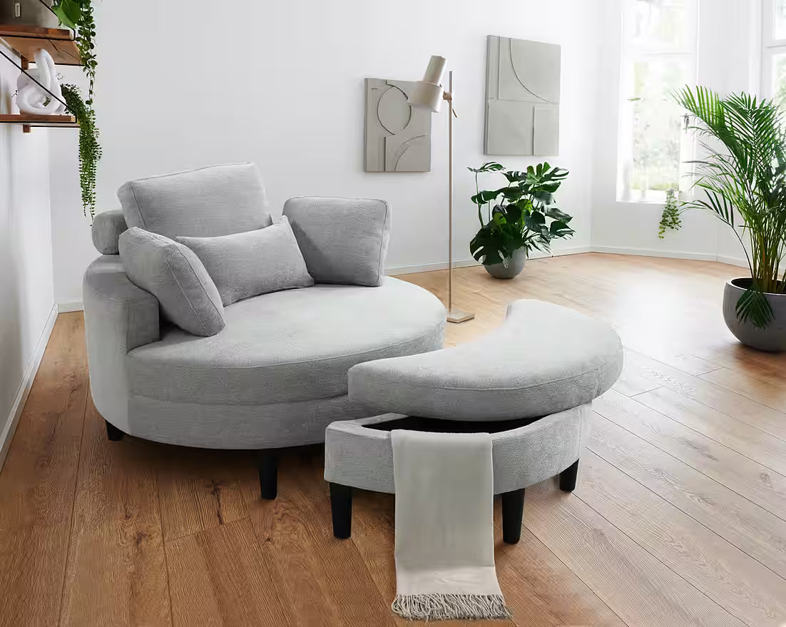 Loveseat / Sessel in Struktur Hellgrau mit Stauraumhocker