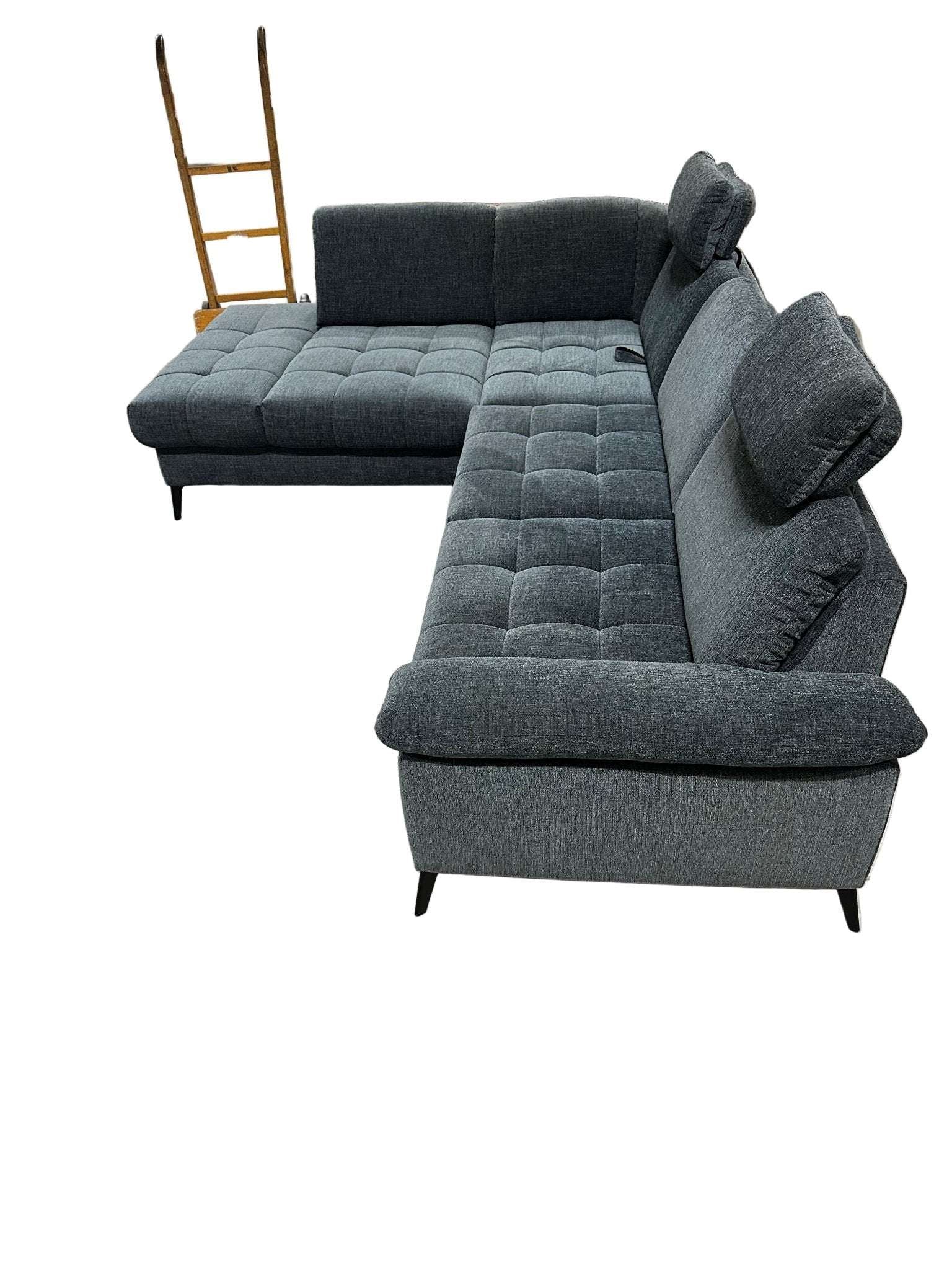 Ecksofa L - Form mit Schlaffunktion + Bettkasten in Webstoff Blaugrau - POLSTEROASE