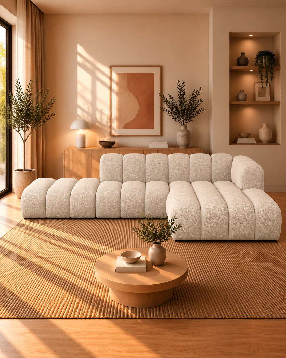 Grandé Modulsofa, offenes Ecksofa aus Bouclé (5-Sitzer), 299 cm