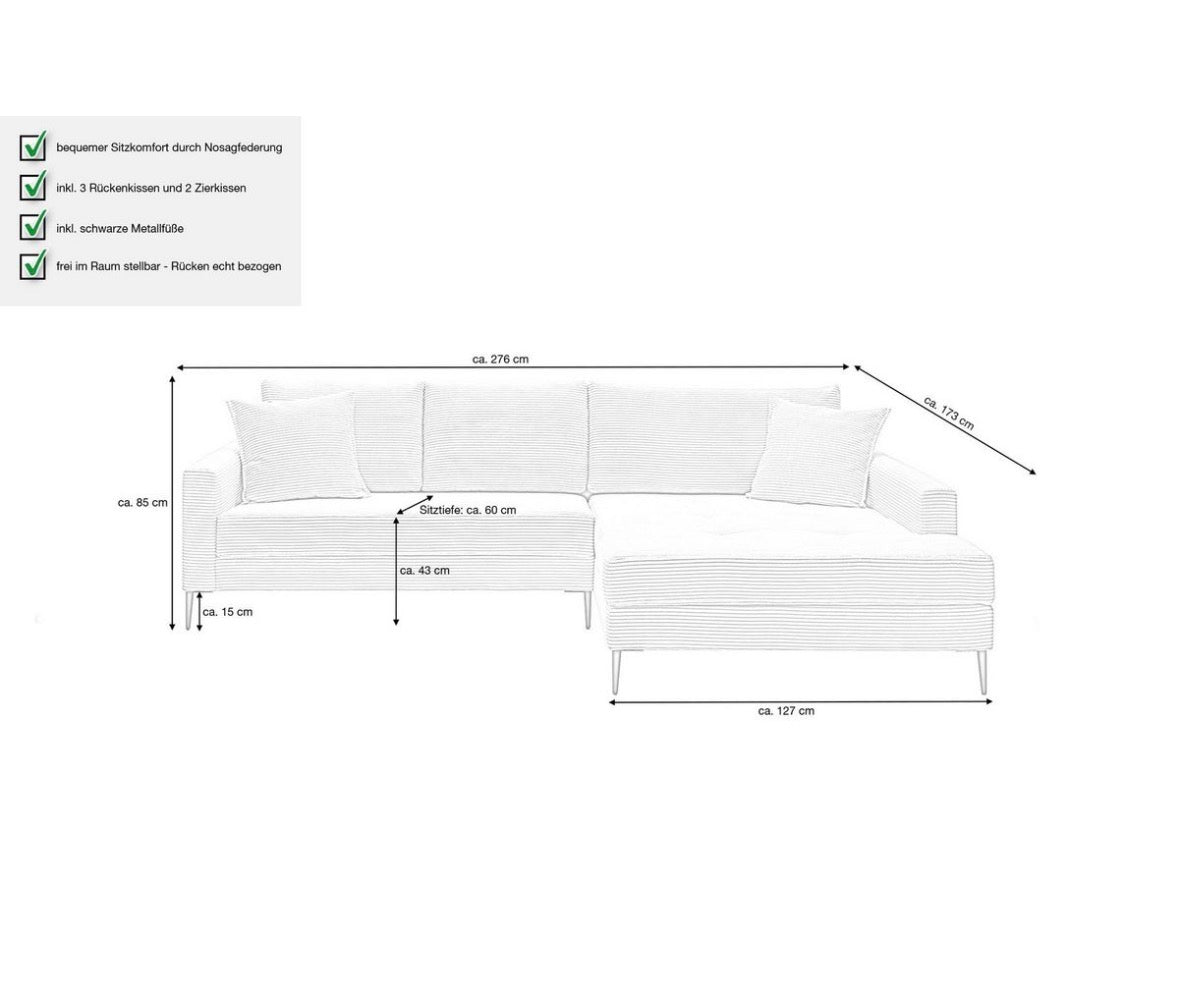Ecksofa in Cord, 285cm Breit | PolsterOase