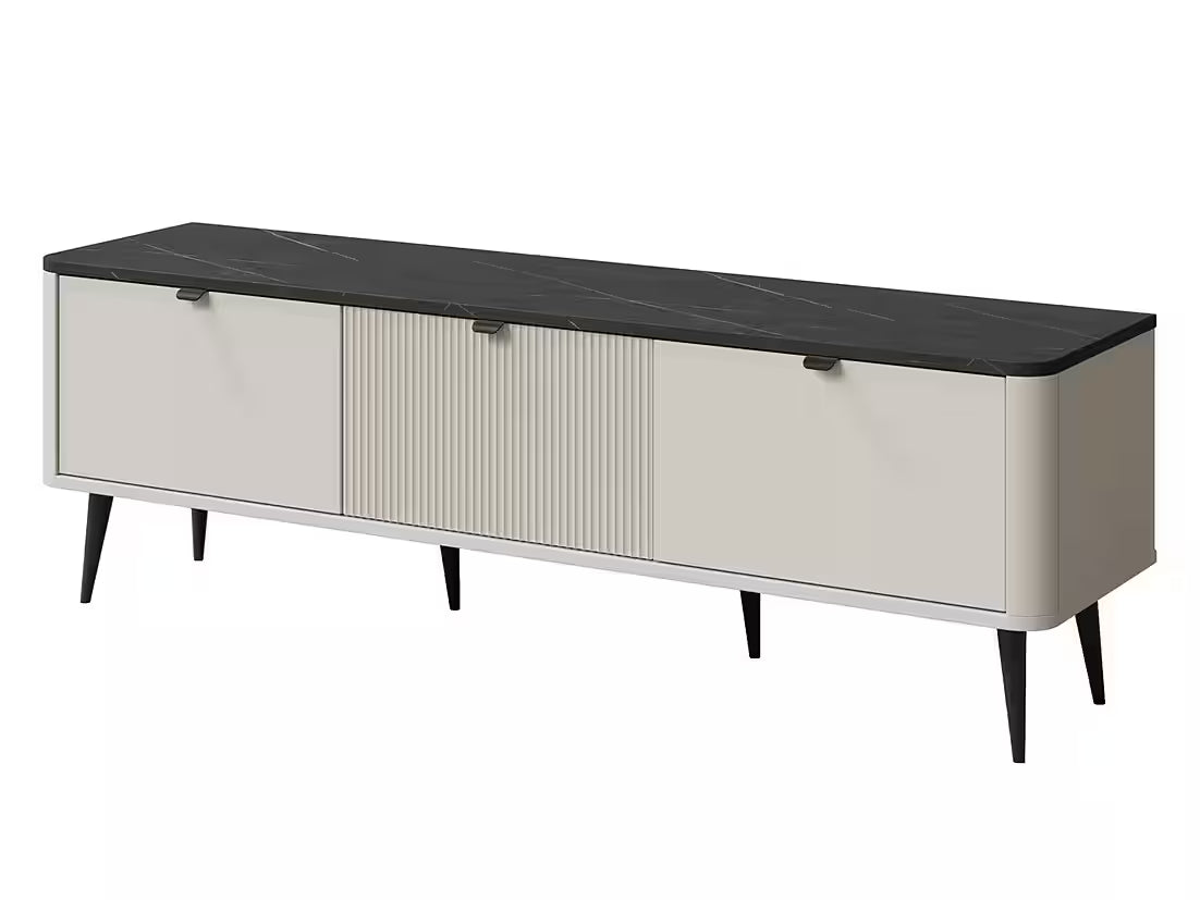Mavi Lowboard 160 cm – Design TV-Schrank mit Lamellen & 3 Türen (Kaschmir/Graphit Marmor)