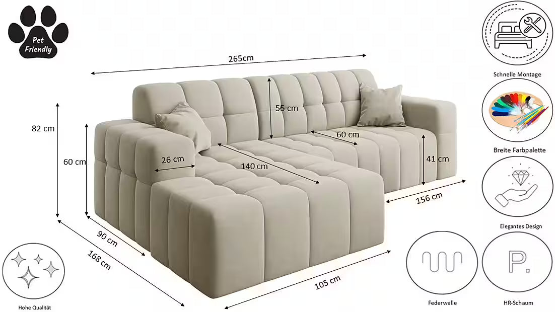 Ecksofa Nova (links) in Samtvelours, 265 cm Breite