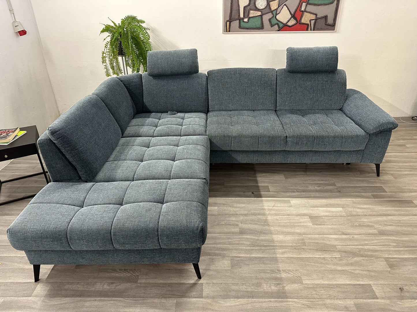 Ecksofa L-Form mit Schlaffunktion, Bettkasten + Relaxfunktion in Webstoff Blau
