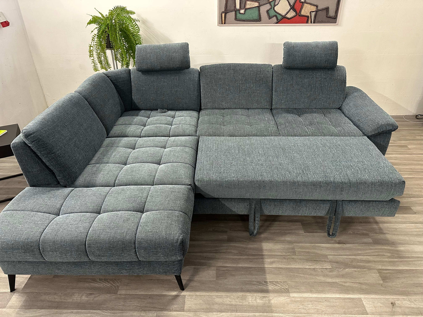 Ecksofa L-Form mit Schlaffunktion, Bettkasten + Relaxfunktion in Webstoff Blau