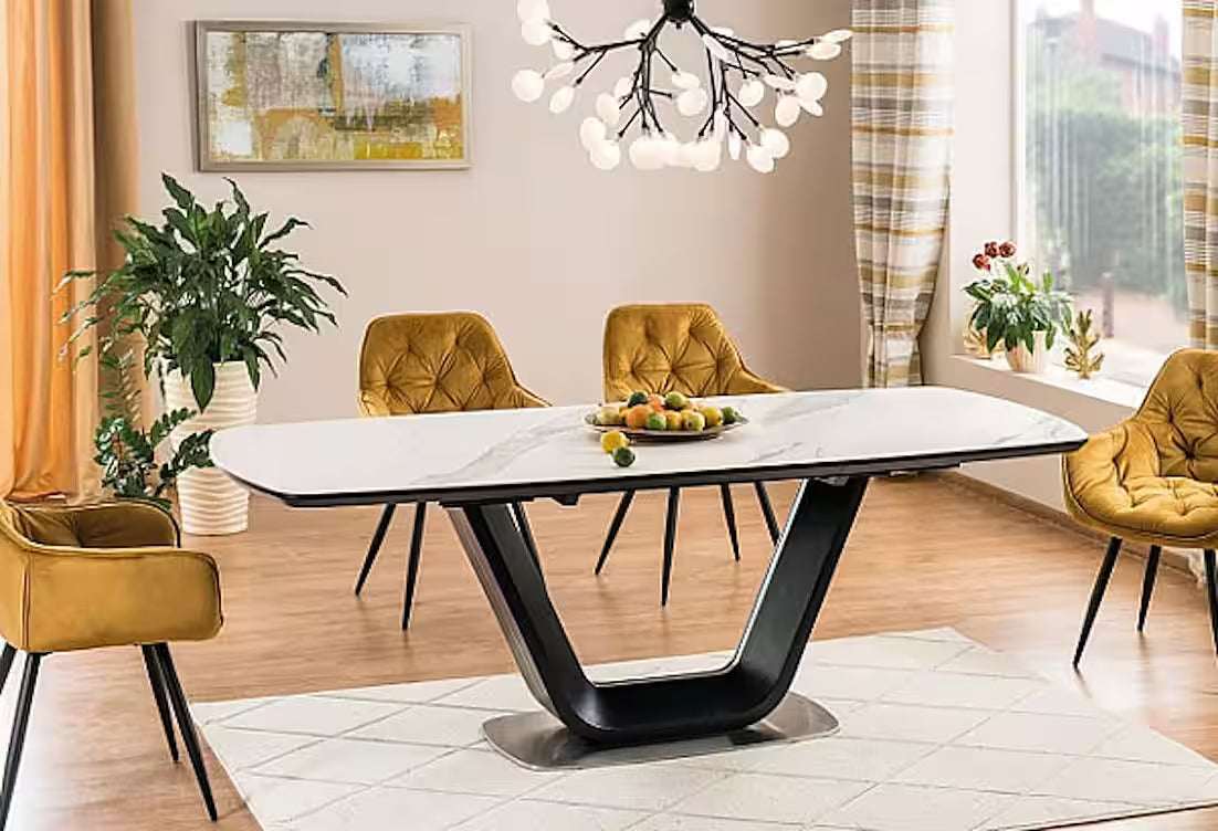 ARMELO Esstisch 160–220 cm – Design Keramiktisch ausziehbar (Marmor Weiß / Schwarz Matt)