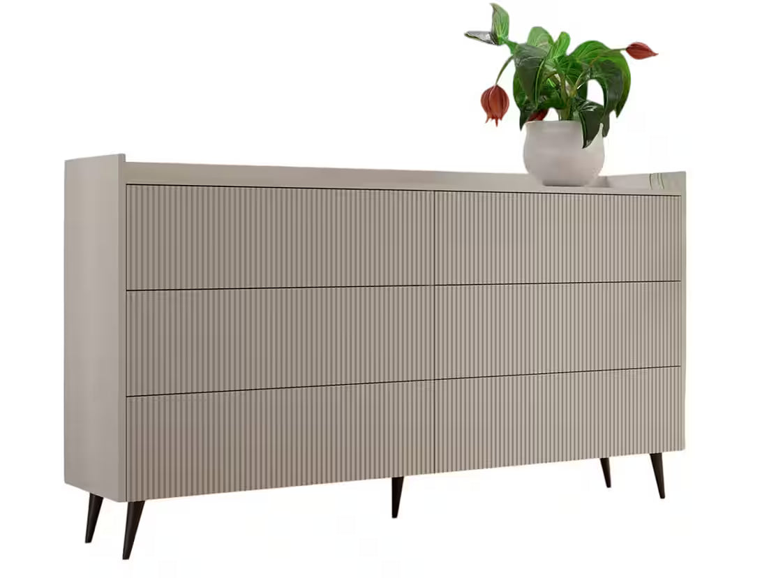 AVEN Kommode 137 cm – Design Sideboard mit 6 Schubladen (Kaschmir/Nussbaum)
