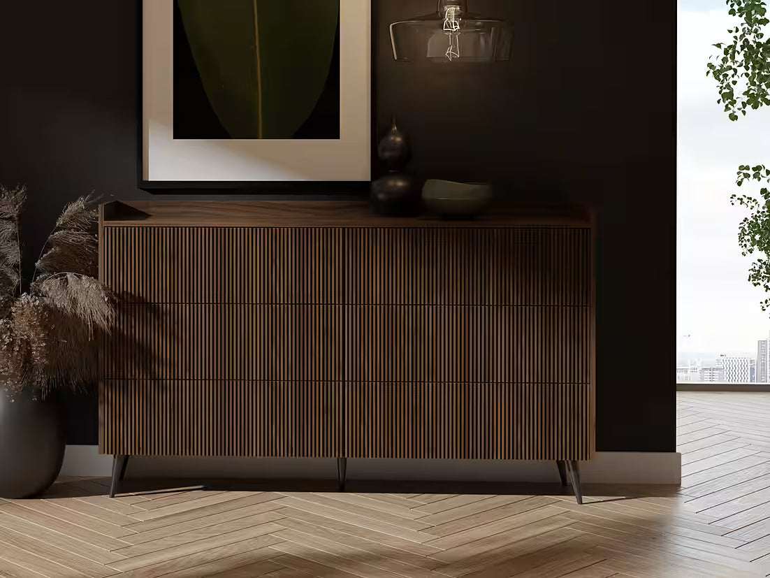 AVEN Kommode 137 cm – Design Sideboard mit 6 Schubladen (Kaschmir/Nussbaum)