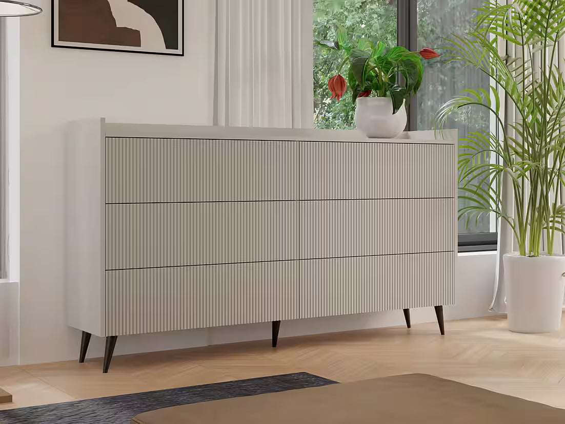 AVEN Kommode 137 cm – Design Sideboard mit 6 Schubladen (Kaschmir/Nussbaum)