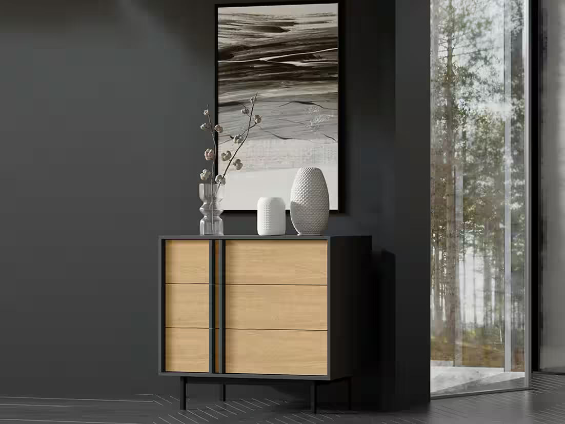 Alva Kommode 93 cm – Moderne Kommode mit 3 Schubladen & Metallfüßen (Eiche)