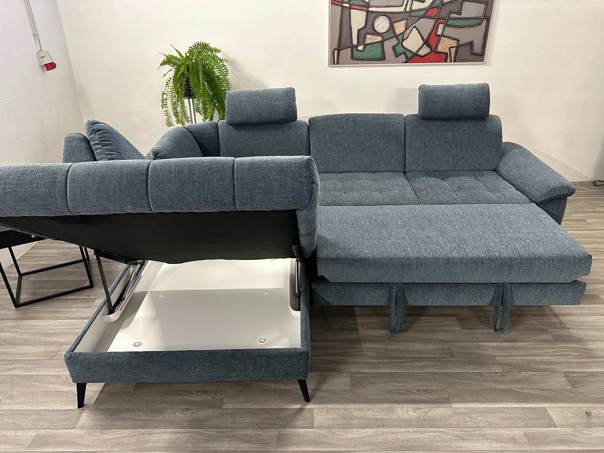 Ecksofa L-Form mit Schlaffunktion, Bettkasten + Relaxfunktion in Webstoff Blau