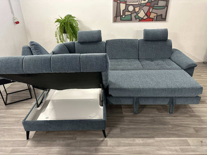 Ecksofa L-Form mit Schlaffunktion, Bettkasten + Relaxfunktion in Webstoff Blau
