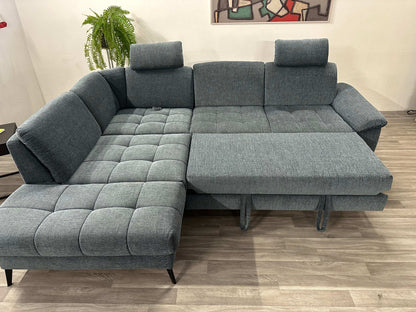 Ecksofa L-Form mit Schlaffunktion, Bettkasten + Relaxfunktion in Webstoff Blau