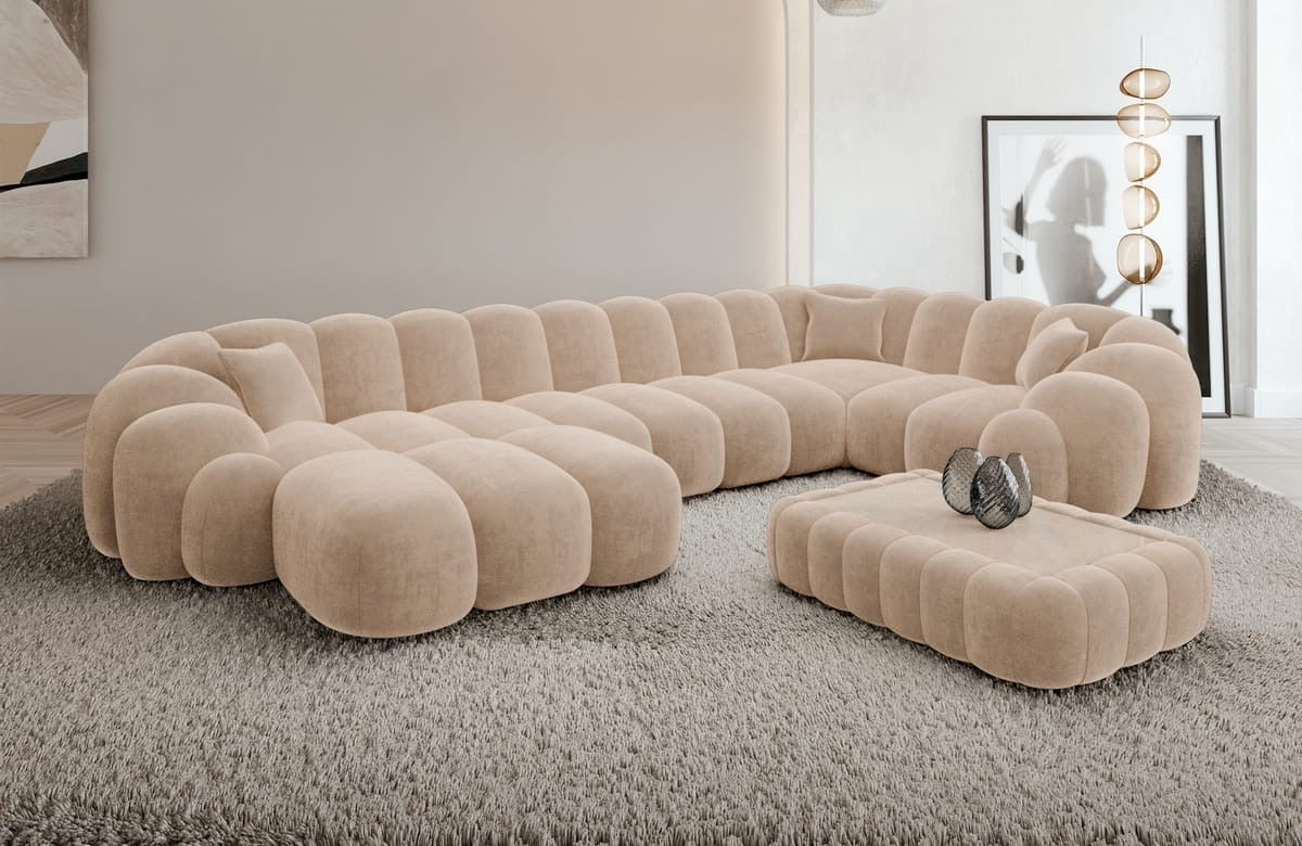 Sofa Wohnlandschaft in Samt Beige, 357 cm Breite