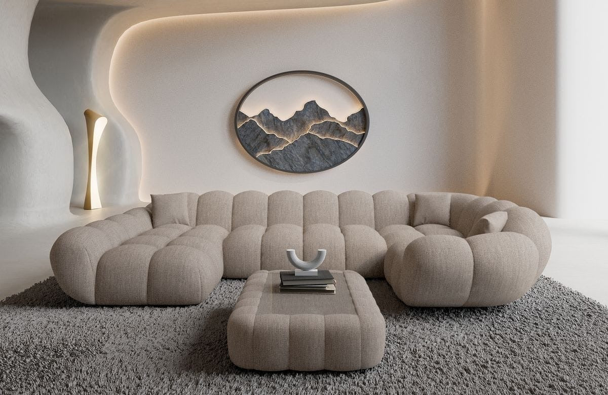 Bubble Sofa Wohnlandschaft in Struktur Beige, 323 cm Breite