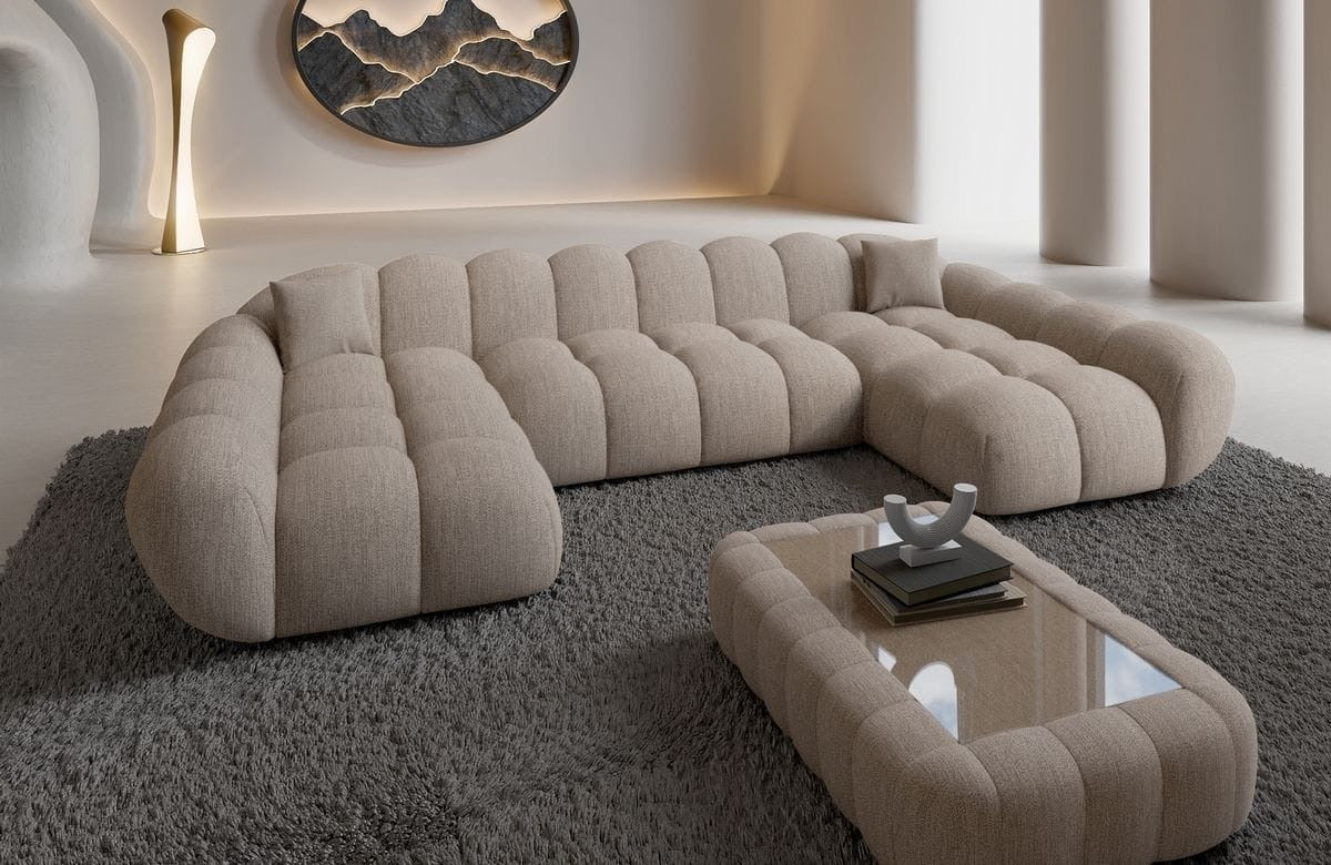 Bubble Sofa Wohnlandschaft in Struktur Beige, 330 cm Breite