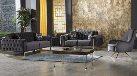 3 - 2 - 1 Sofa Set in Samt Anthrazit / Gold - POLSTEROASE