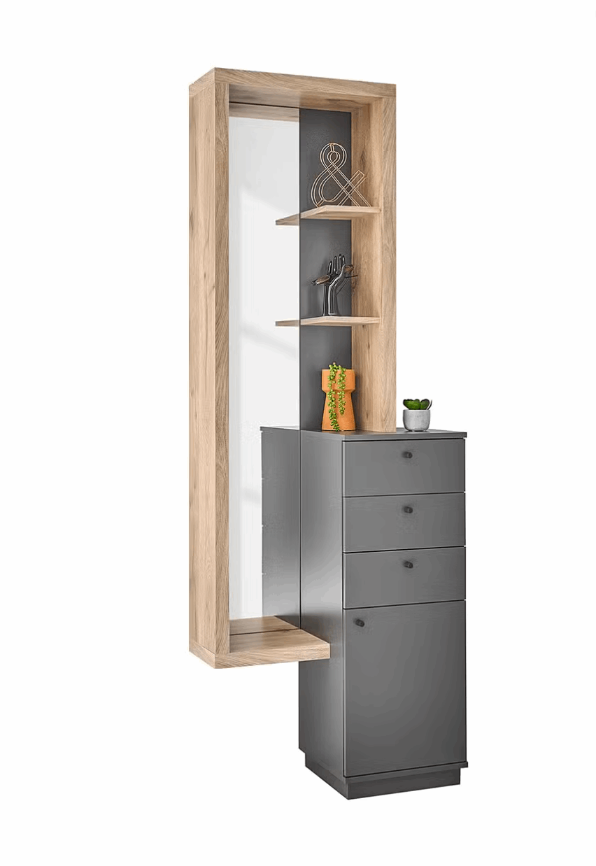 Kommode + Spiegel in Massivholz-Optik, Eiche-Dekor